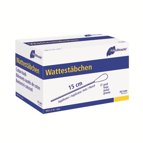 Wattestäbchen mit Holzgriff | Steril | Großer Kopf | 100 Pouch à 2 Stück