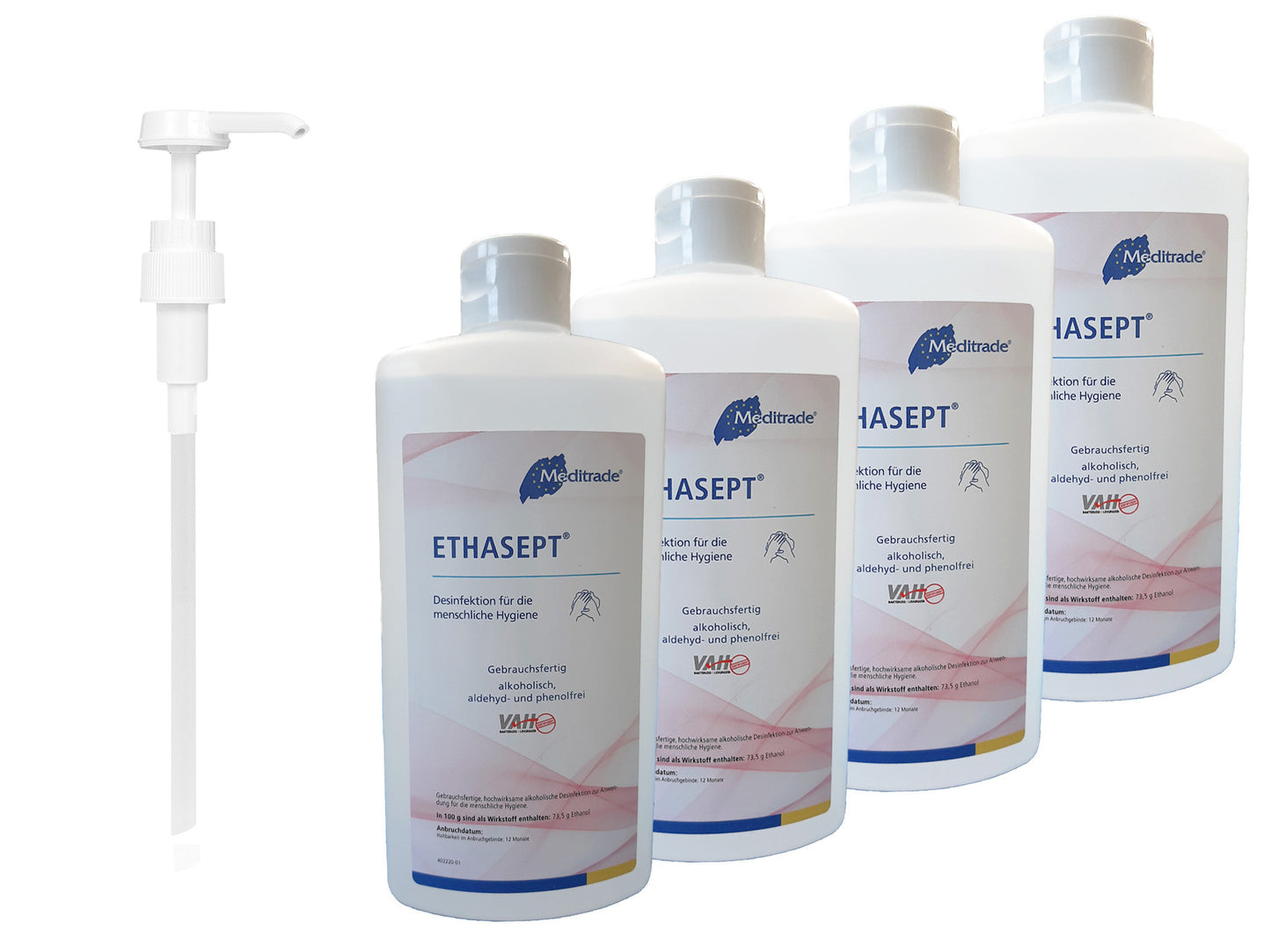 Händedesinfektion 4 x 500 ml Flasche + 1 x Dosierpumpe | Meditrade Ethasept | Hand Desinfektion |