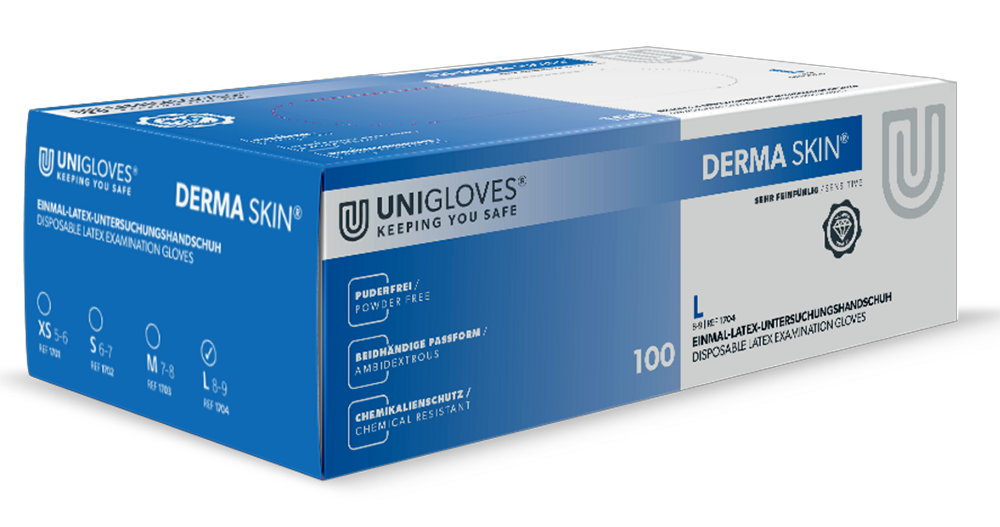Unigloves Latexhandschuhe DERMA SKIN  vers. Größen XS-L 100 Stück/Box