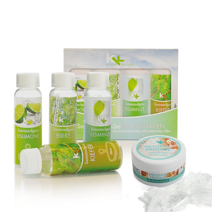 KK Saunaaufguss Set Skandinavien | 4 x 100 ml/Flasche inkl.Mentholkristalle 50 g Dose